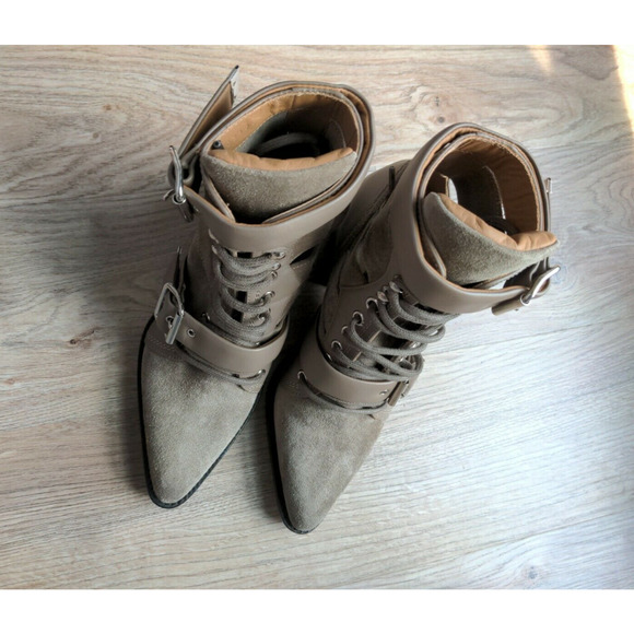 Chloe Rylee Caged Suede Taupe Buckle Ankle Boots - Picture 4 of 13